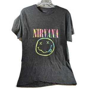 Nirvana Multi Color Smiley Face Charcoal Grey T-shirt Size L 90's Music fan